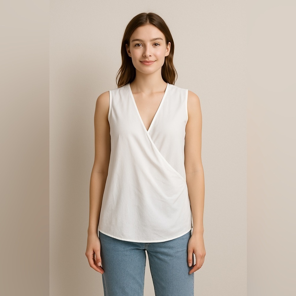 White Sheer Wrap V-Neck Sleeveless Blouse Women’s Large Ethereal Preppy Coastal